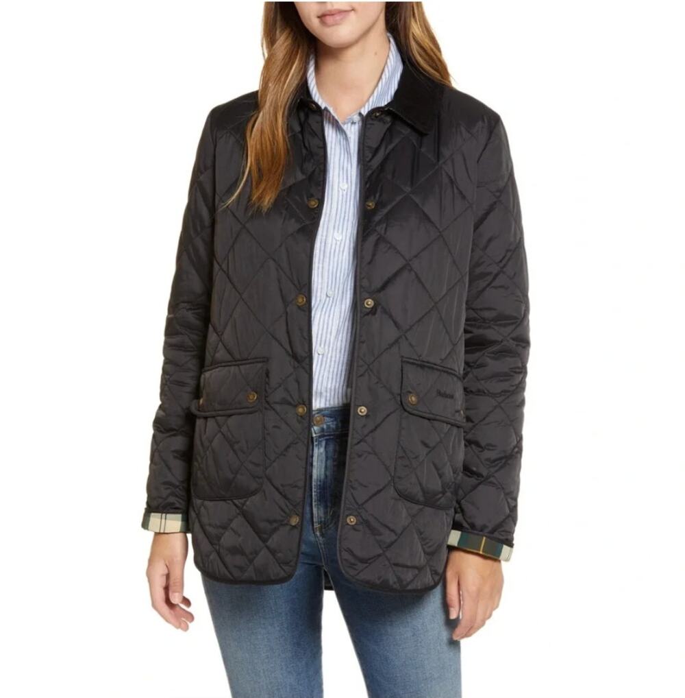 Barbour Pilton Barn Jacket Chore Coat Diamond Quilted Black Tartan Size US 12